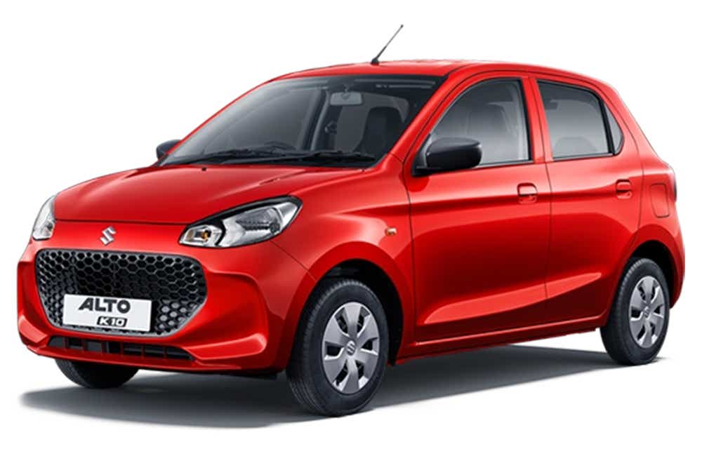 front three-quarter view of a Metallic Sizzling Red Maruti Suzuki Alto K10