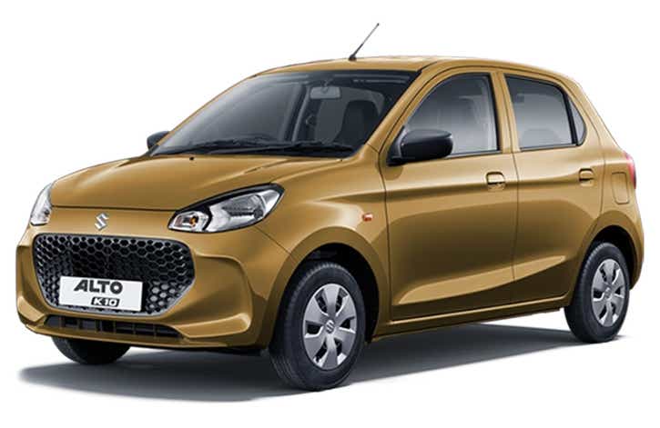 front three-quarter view of a Premium Earth Gold Maruti Suzuki Alto K10