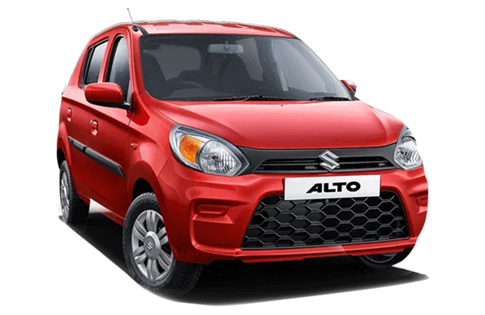 Front three-quarter view of a Uptown Red Maruti Suzuki Alto