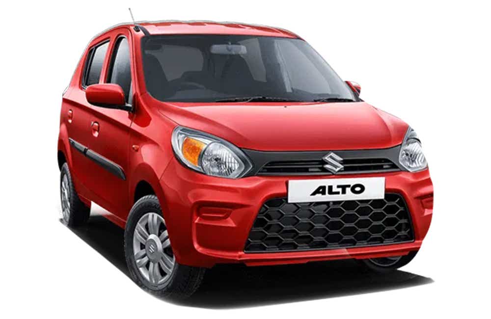 Front three-quarter view of a Uptown Red Maruti Suzuki Alto