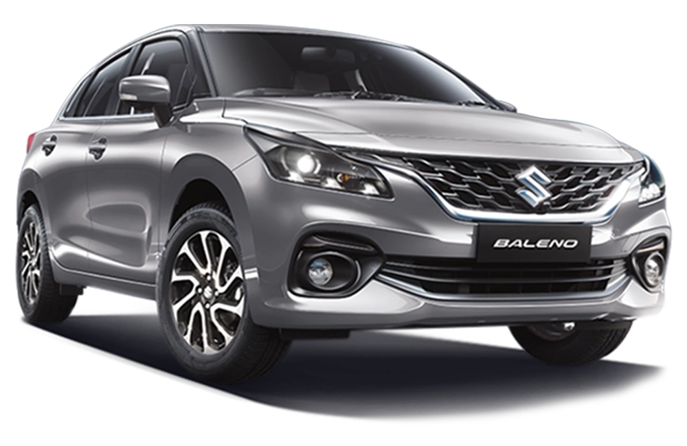 front three-quarter view of a Splendid Silver Maruti Suzuki Baleno