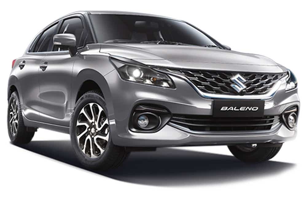front three-quarter view of a Splendid Silver Maruti Suzuki Baleno