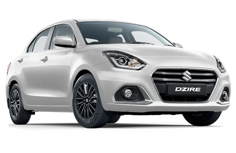 front three-quarter view of a Arctic White Maruti Suzuki Dzire 2018-2023