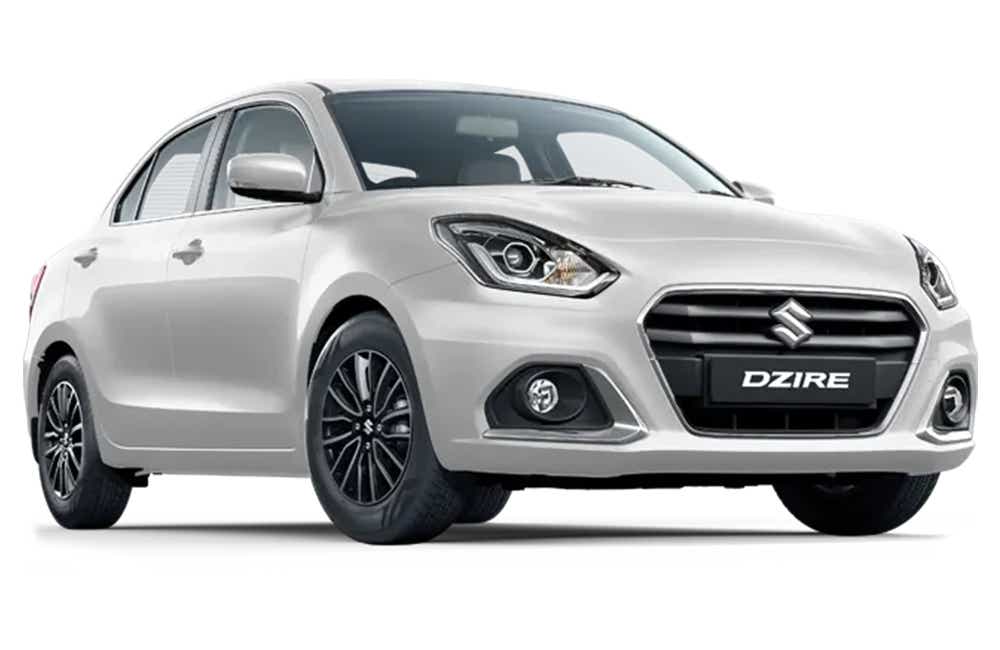front three-quarter view of a Arctic White Maruti Suzuki Dzire 2018-2023