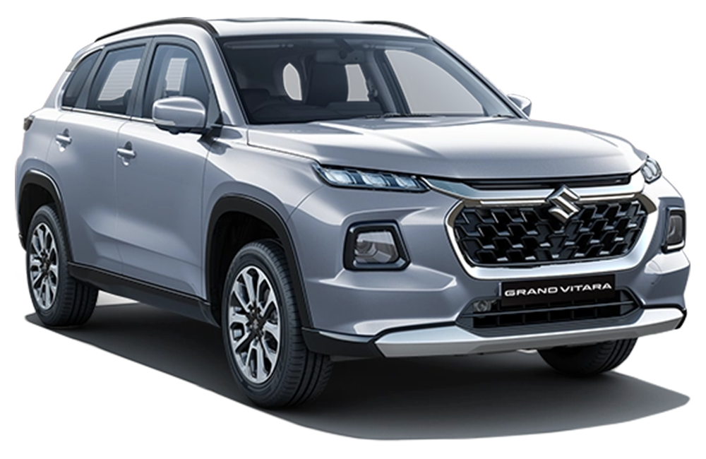 Front three-quarter view of a Splendid Silver Maruti Suzuki Grand Vitara