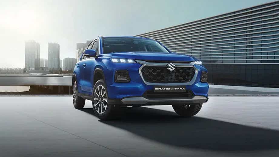 Front view of a Nexa Blue Maruti Suzuki Grand Vitara