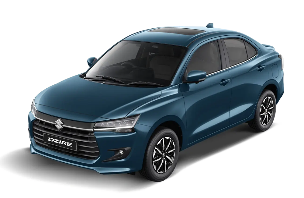 front three-quarter view of a Alluring Blue Maruti Suzuki Dzire