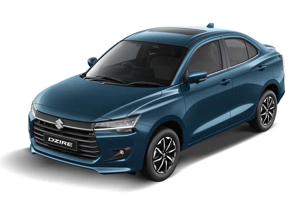 front three-quarter view of a Alluring Blue Maruti Suzuki Dzire