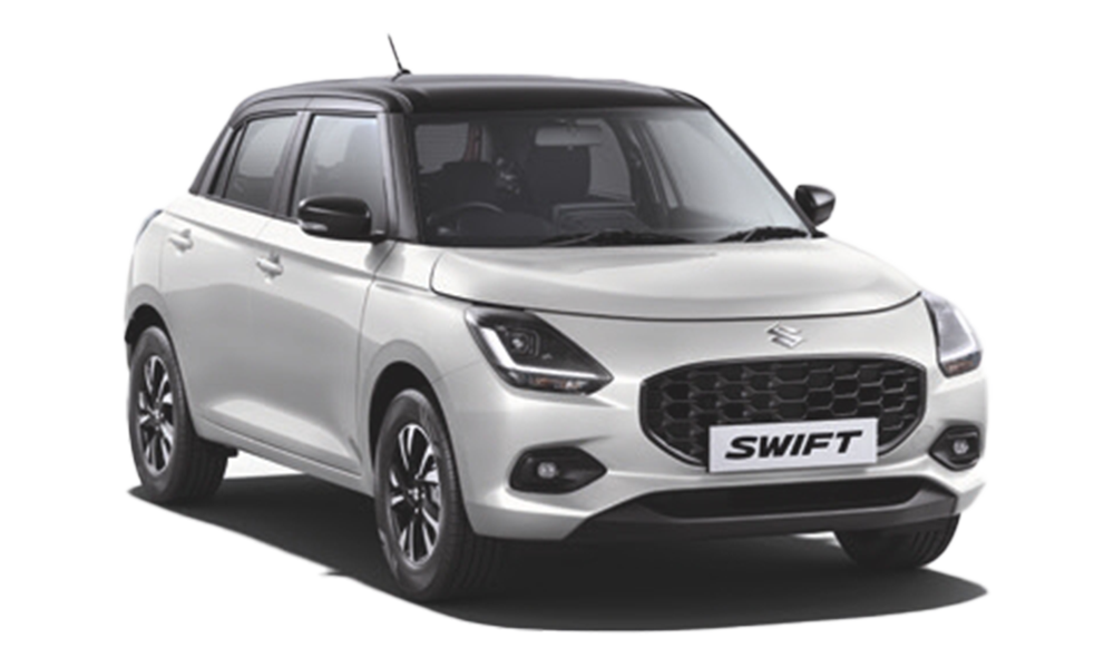front three-quarter view of a Pearl Arctic White with Pearl Midnight Black Maruti Suzuki Swift