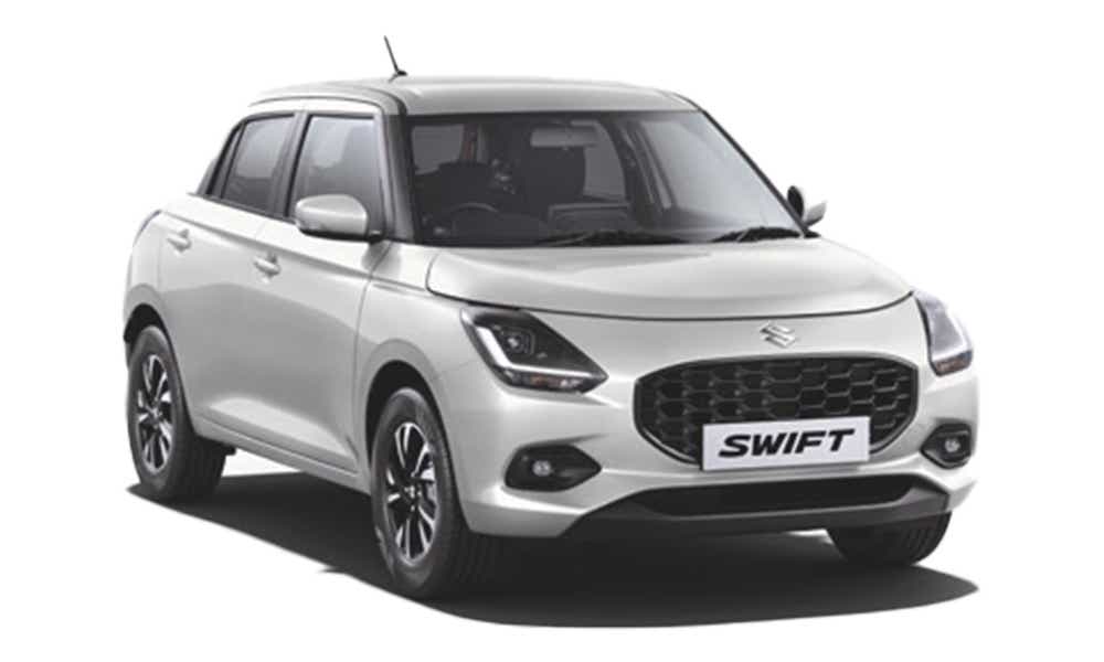 front three-quarter view of a Pearl Arctic White with Pearl Midnight Black Maruti Suzuki Swift