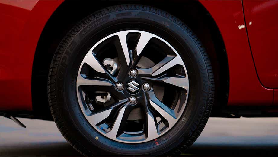 Close-up of the wheel of a Maruti Suzuki Swift