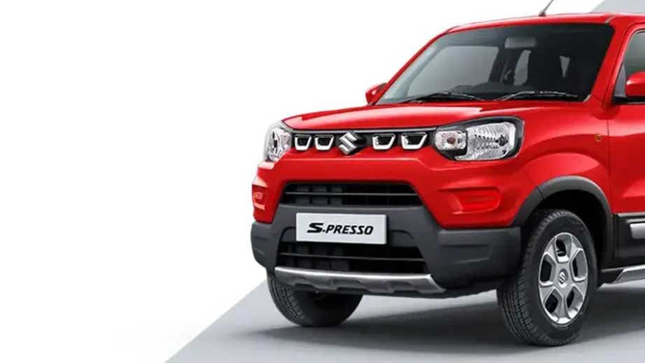 front three-quarter of a Solid Fire Red Maruti Suzuki S-Presso