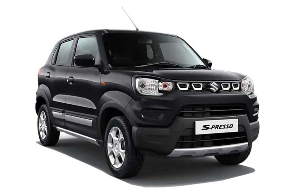 front three-quarter view of a Pearl Midnight Black Maruti Suzuki S-Presso