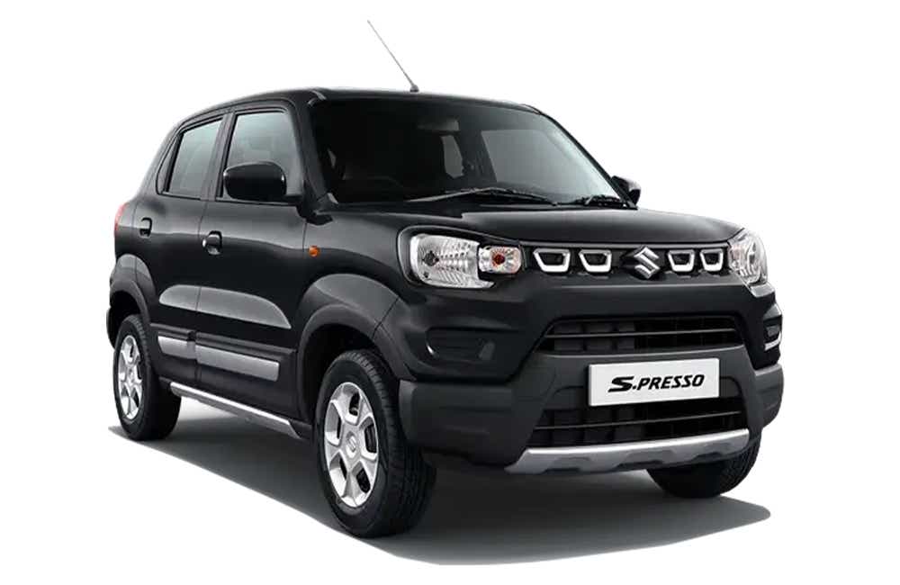 front three-quarter view of a Pearl Midnight Black Maruti Suzuki S-Presso