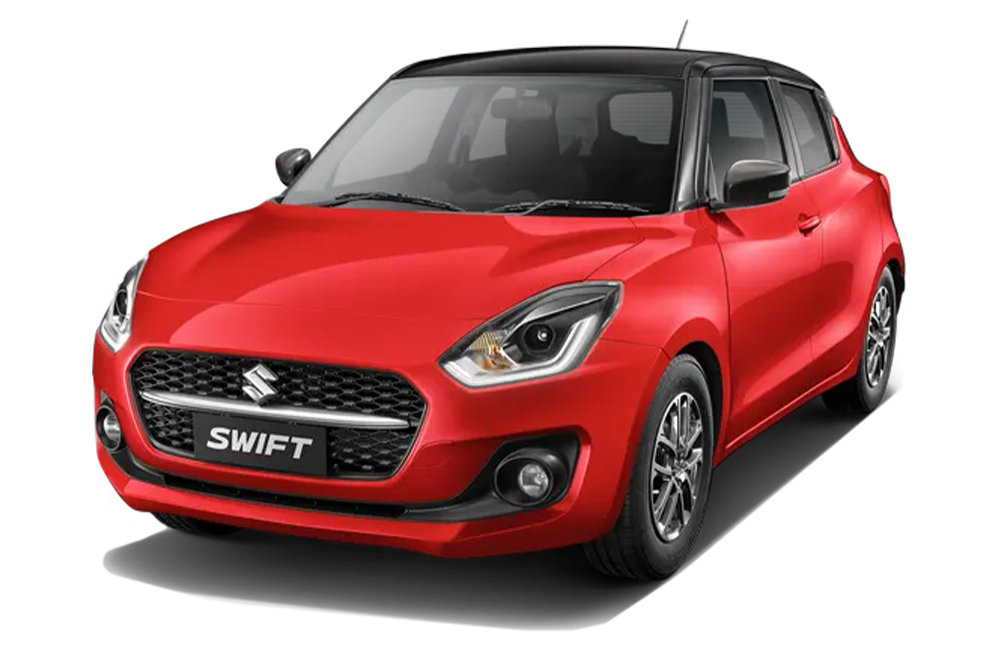 front three-quarter view of a Solid Fire Red with Pearl midnight black roof Maruti Suzuki Swift 2021 - 2023