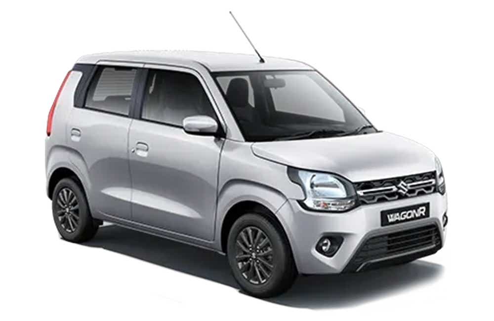 front three-quarter view of a Silky silver Maruti Suzuki Wagon R tour