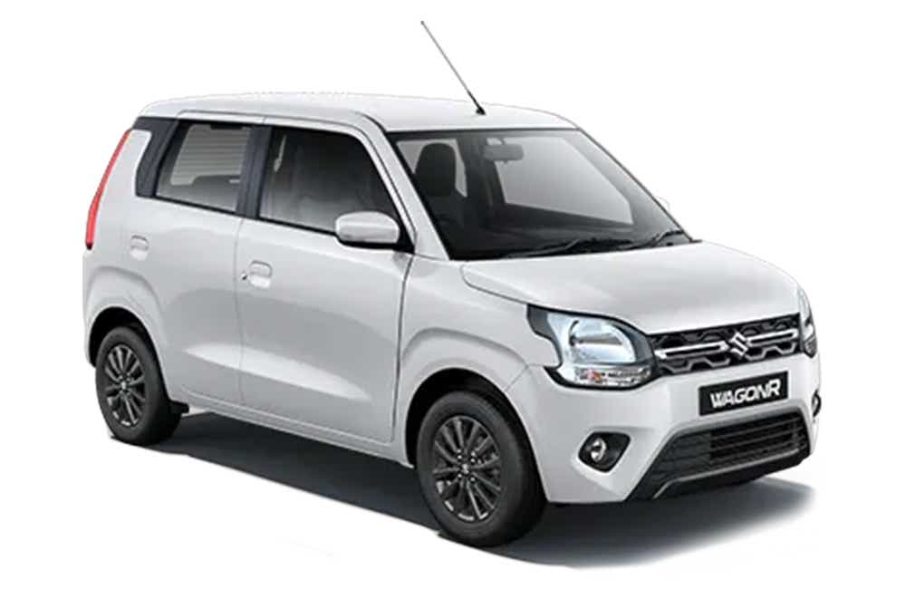 front three-quarter view of a Solid White Maruti Suzuki Wagon R tour