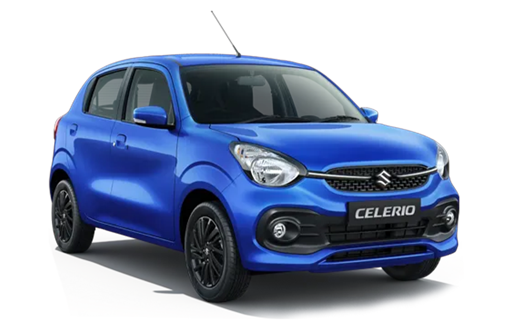front three-quarter view of a Speedy Blue Maruti Suzuki Celerio