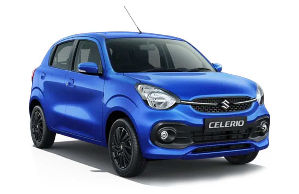 front three-quarter view of a Speedy Blue Maruti Suzuki Celerio