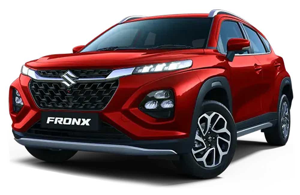 front three-quarter view of a Opulent Red Maruti Suzuki FRONX