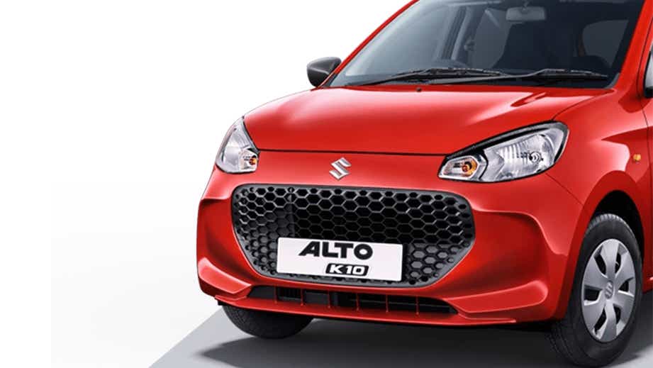 Front view of a Metallic Sizzling Red Maruti Suzuki Alto K10