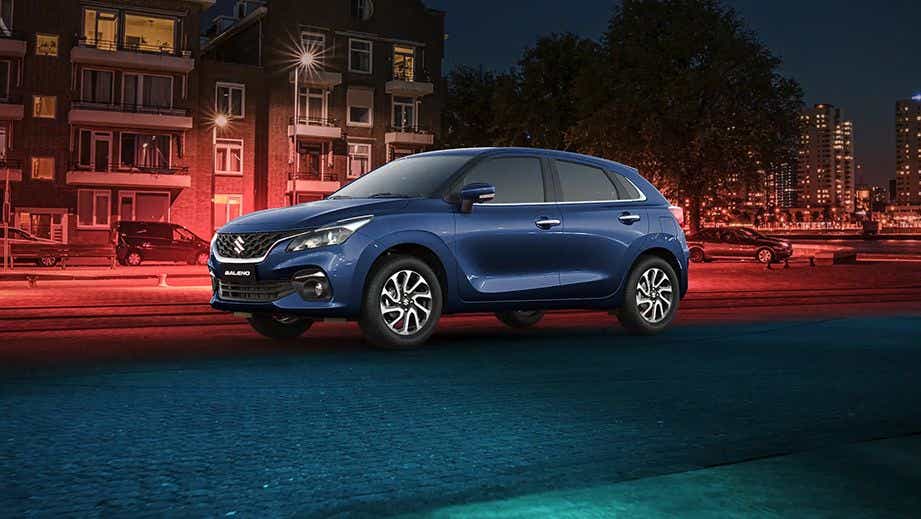 front three-quarter view of a Nexa Blue Maruti Suzuki Baleno