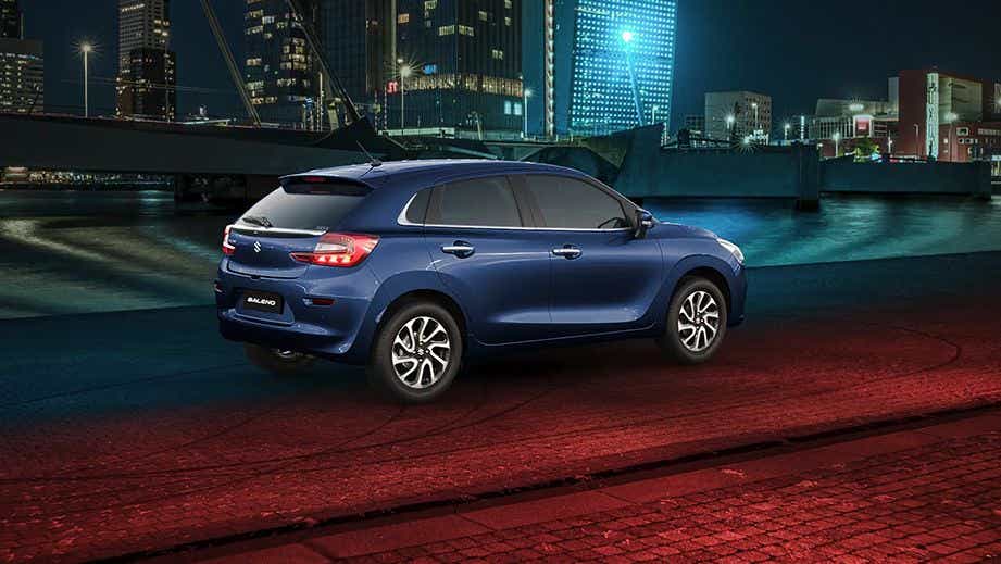 rear three-quarter of a Maruti Suzuki Baleno