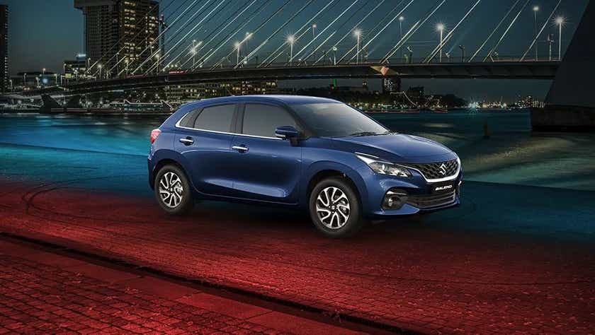 front three-quarter view of a Nexa Blue Maruti Suzuki Baleno