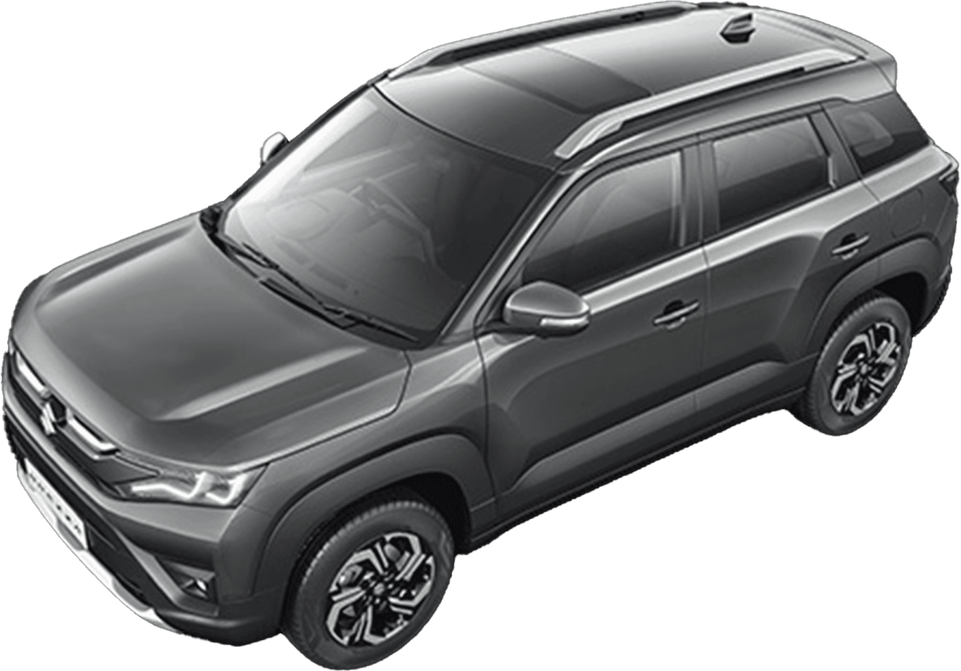 front three-quarter view of a Magma Grey Maruti Suzuki Brezza