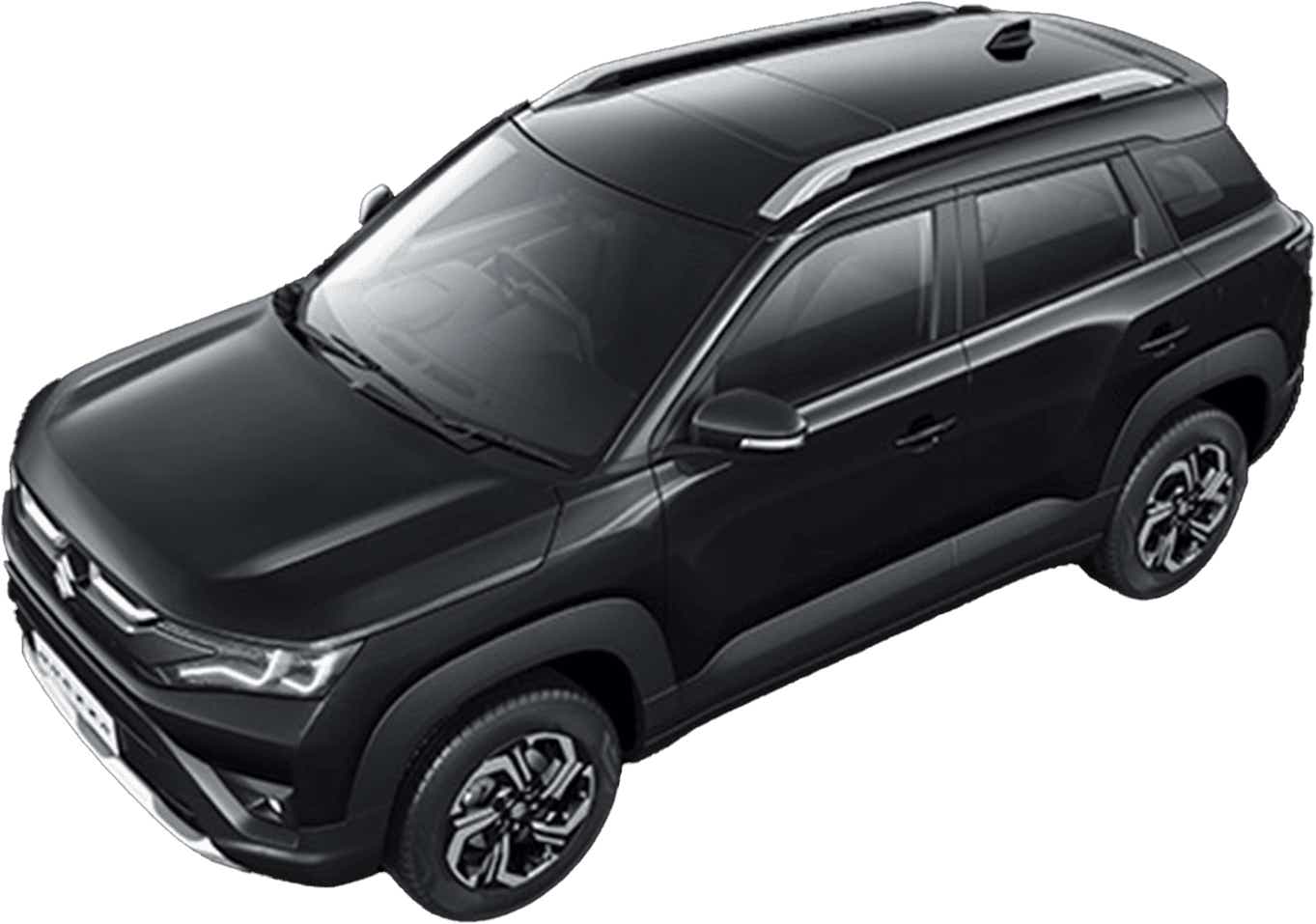 front and side view of a Pearl Midnight Black Maruti Suzuki Brezza