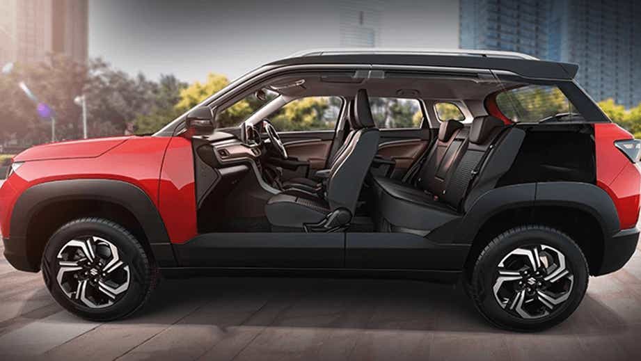 side cutaway view of a Sizziling Red With Midnight Black Maruti Suzuki Brezza