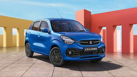 front three-quarter view of a Speedy Blue Maruti Suzuki Celerio
