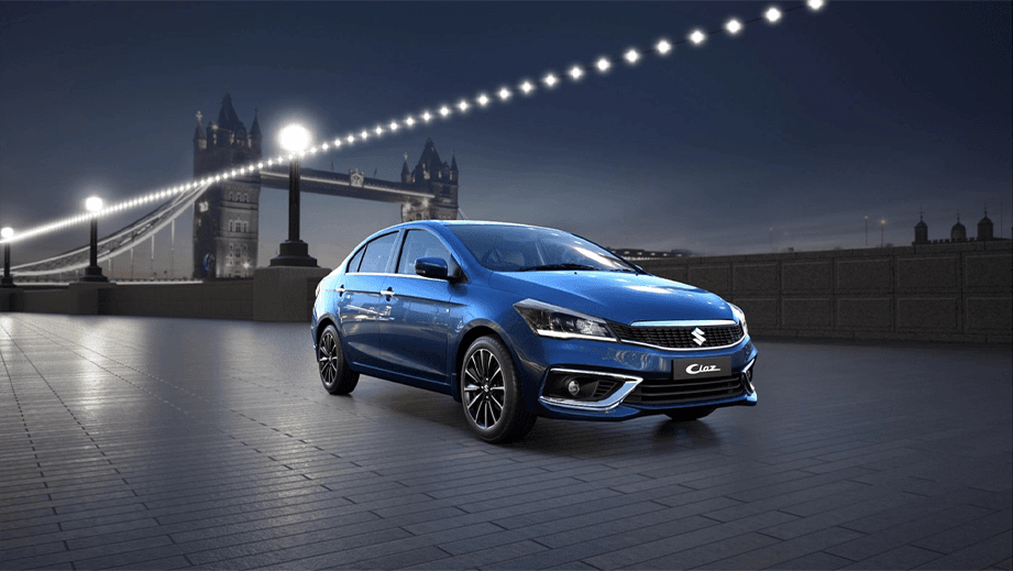 front three-quarter view of a Nexa Blue Maruti Suzuki Ciaz