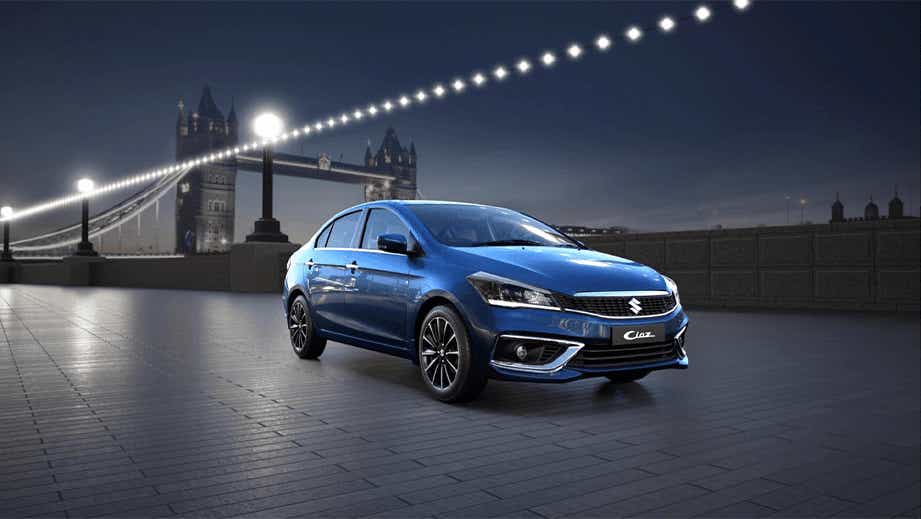 front three-quarter view of a Nexa Blue Maruti Suzuki Ciaz