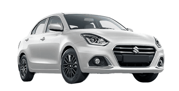 Front three-quarter view of a Pearl Metallic Arctic White Maruti Suzuki Dzire Tour