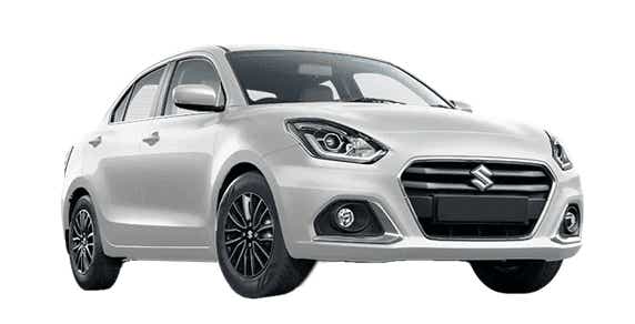 Front three-quarter view of a Pearl Metallic Arctic White Maruti Suzuki Dzire Tour