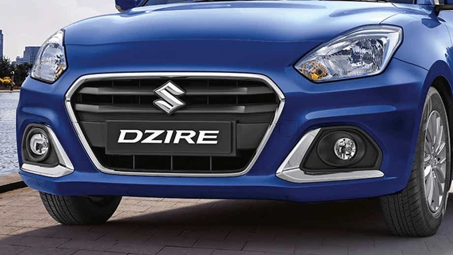 front grille and bumper of a Maruti Suzuki Dzire 2018-2023