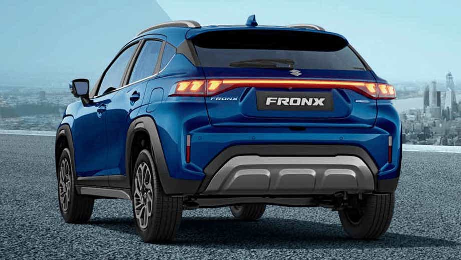rear three-quarter of a Nexa Blue Maruti Suzuki FRONX