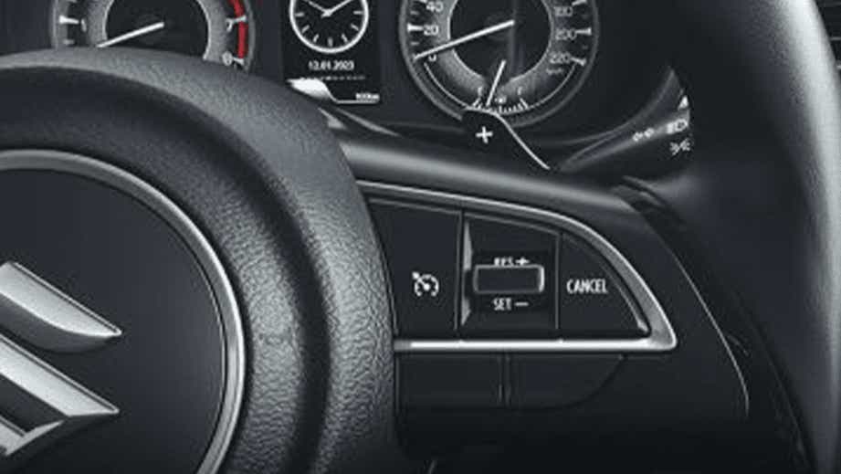Steering wheel controls and instrument cluster of a Maruti Suzuki FRONX