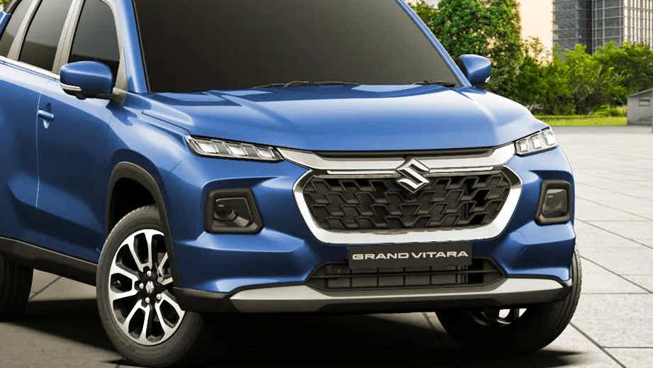 Front view of a Nexa Blue Maruti Suzuki Grand Vitara