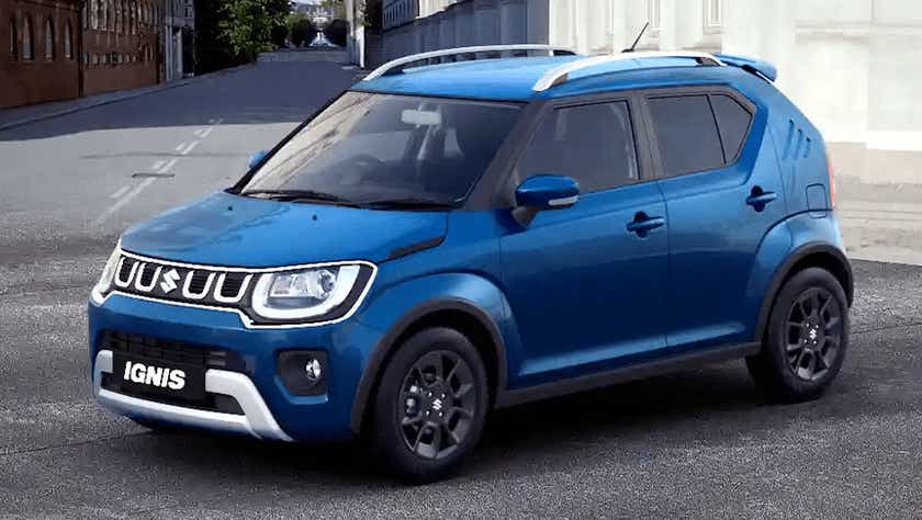 front three-quarter view of a Nexa Blue Maruti Suzuki Ignis