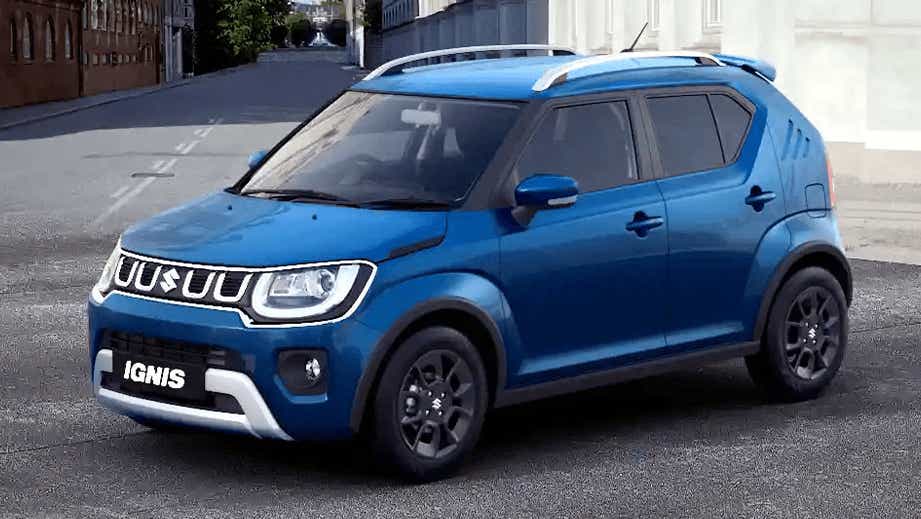 front three-quarter view of a Nexa Blue Maruti Suzuki Ignis