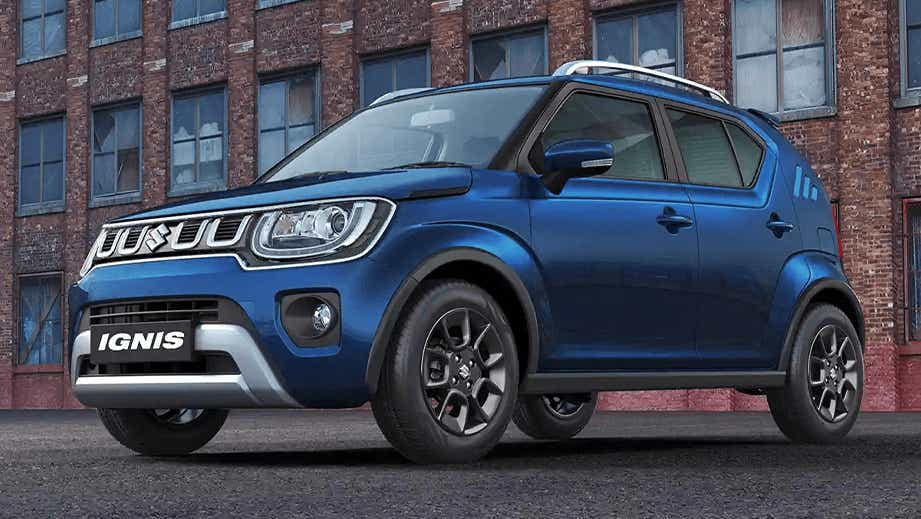 front three-quarter view of a Nexa Blue Maruti Suzuki Ignis