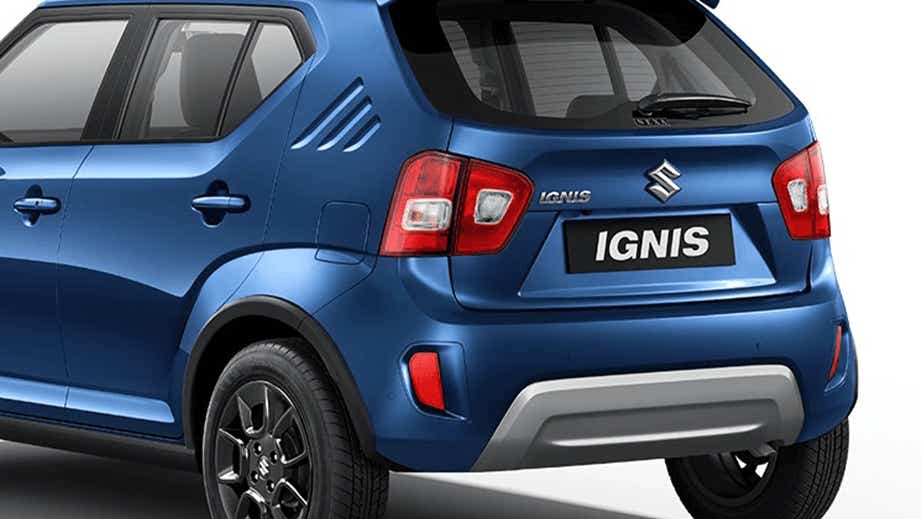rear three-quarter of a Nexa Blue Maruti Suzuki Ignis