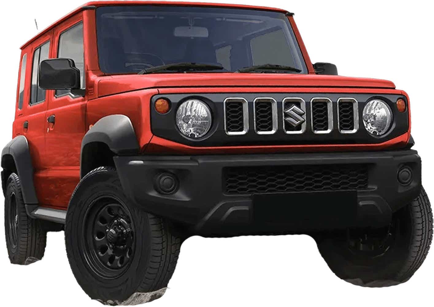 front three-quarter view of a Sizzling Red With Bluish Black Roof Maruti Suzuki Jimny
