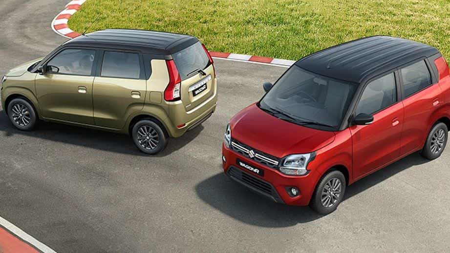 Front and rear three-quarter view of a Maruti Suzuki Wagon R on a racetrack