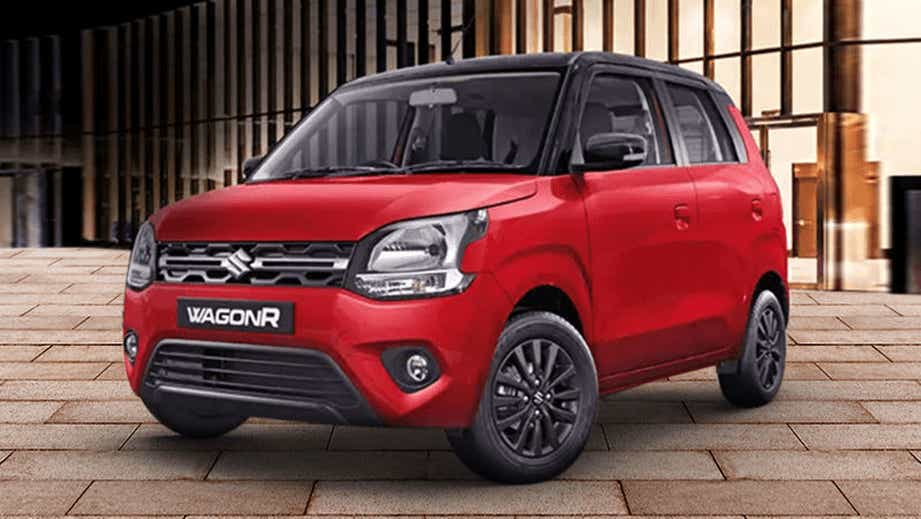 front three-quarter view of a Gallant Red Plus Dual Tone Maruti Suzuki Wagon R