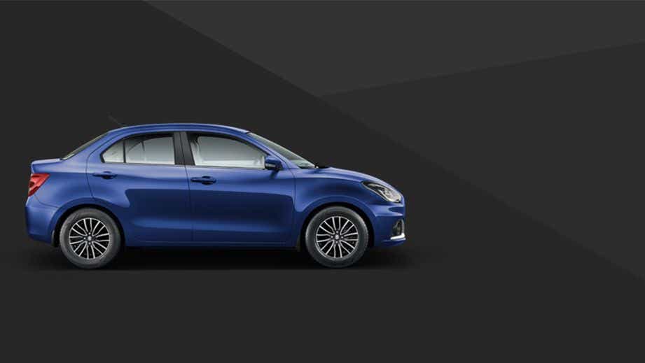 side view of a Oxford Blue Maruti Suzuki Dzire 2018-2023