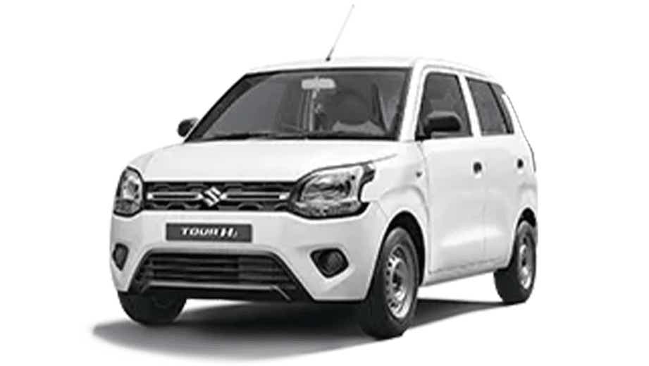 front three-quarter view of a Solid White Maruti Suzuki Wagon R tour