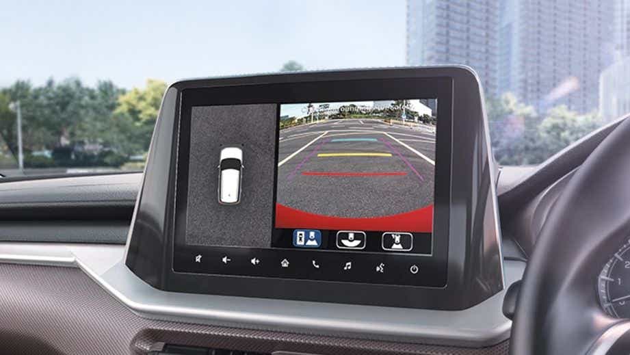 Reverse camera view on infotainment screen of a Maruti Suzuki Brezza